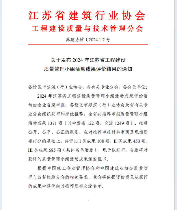 【喜訊】集團公司多項QC成果榮獲2024年江蘇省建設質量管理小組活動成果獎、多項工法被評為江蘇省省級工法